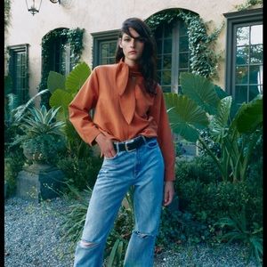 Zara Texture Neck Tie Detail Top XS